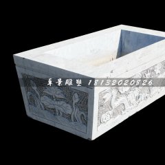 双龙戏珠石浮雕水缸，方形水缸石雕