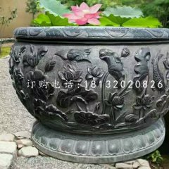 石水缸，荷花鱼浮雕水缸