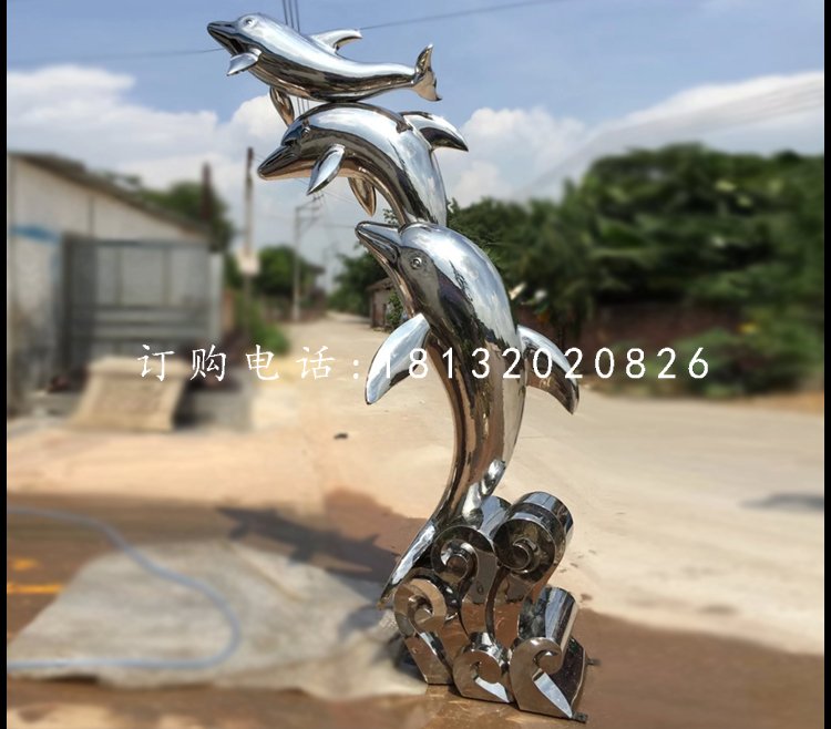 海豚戏水雕塑，不锈钢动物雕塑