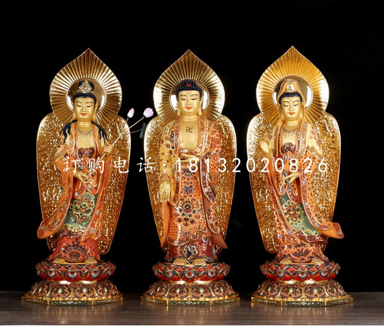铜雕彩绘佛像，西方三圣雕塑