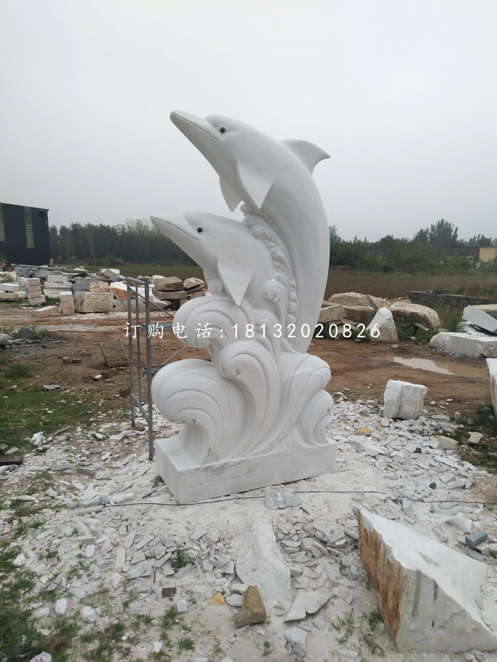 海豚戏水石雕，汉白玉海豚