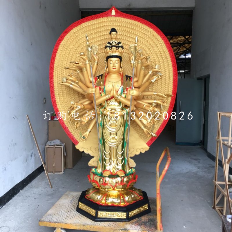 贴金千手观音，玻璃钢立式佛像