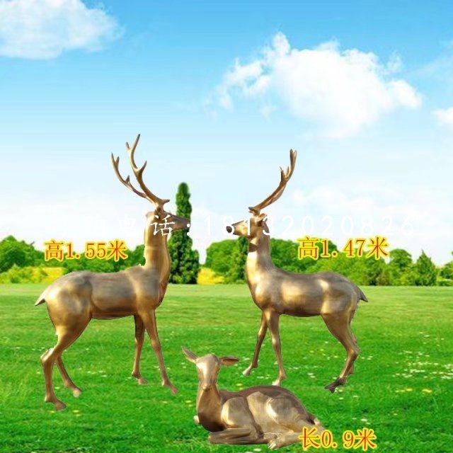 玻璃钢仿铜小鹿，小鹿一家雕塑