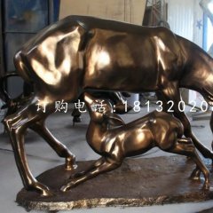 母子鹿雕塑，玻璃钢仿铜动物雕塑