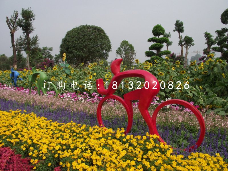抽象人物骑车子雕塑，不锈钢景观雕塑