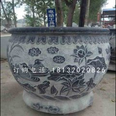 荷花石浮雕水盆，青石水缸