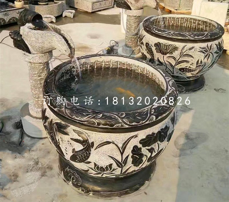 青石仿古石缸，别墅流水摆件