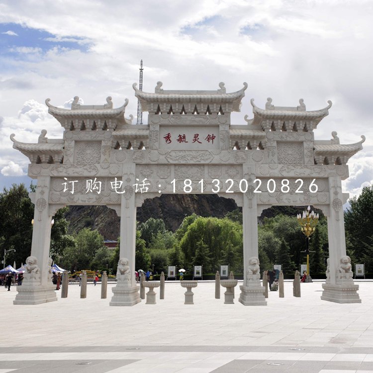 三门牌楼石雕，公园牌坊石雕