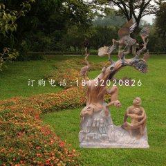 松鹤延年石雕，晚霞红景观石雕
