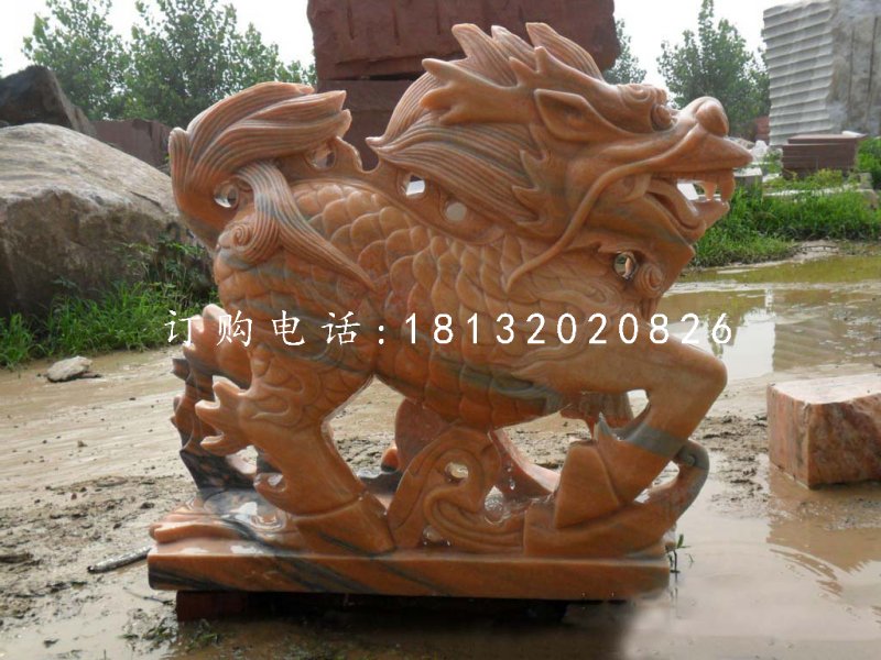 古代神兽石雕，晚霞红麒麟雕塑 (1)