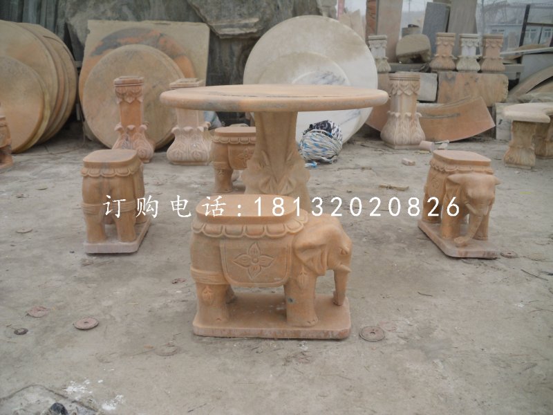 象凳石雕，晚霞红桌椅