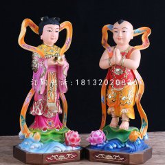 玻璃钢善财童子龙女雕塑，彩绘神像雕塑