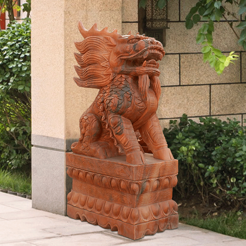 晚霞红麒麟石雕，镇宅石雕