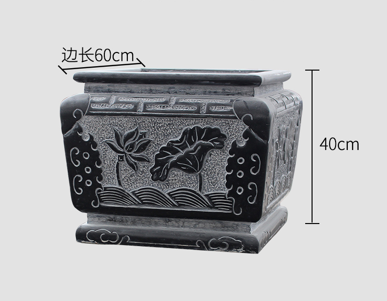 荷花浮雕水缸，青石浮雕水缸