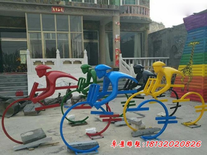 不锈钢抽象骑单车的人物雕塑，公园景观摆件