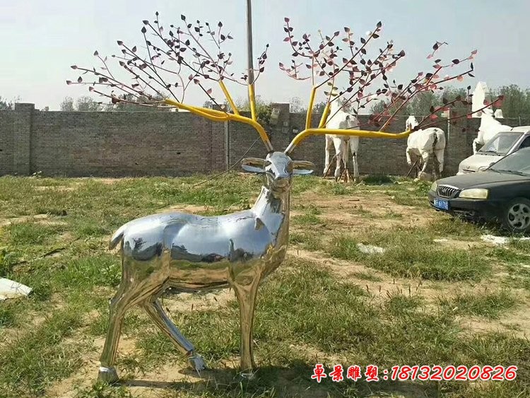 公园动物雕塑，不锈钢镜面鹿雕塑