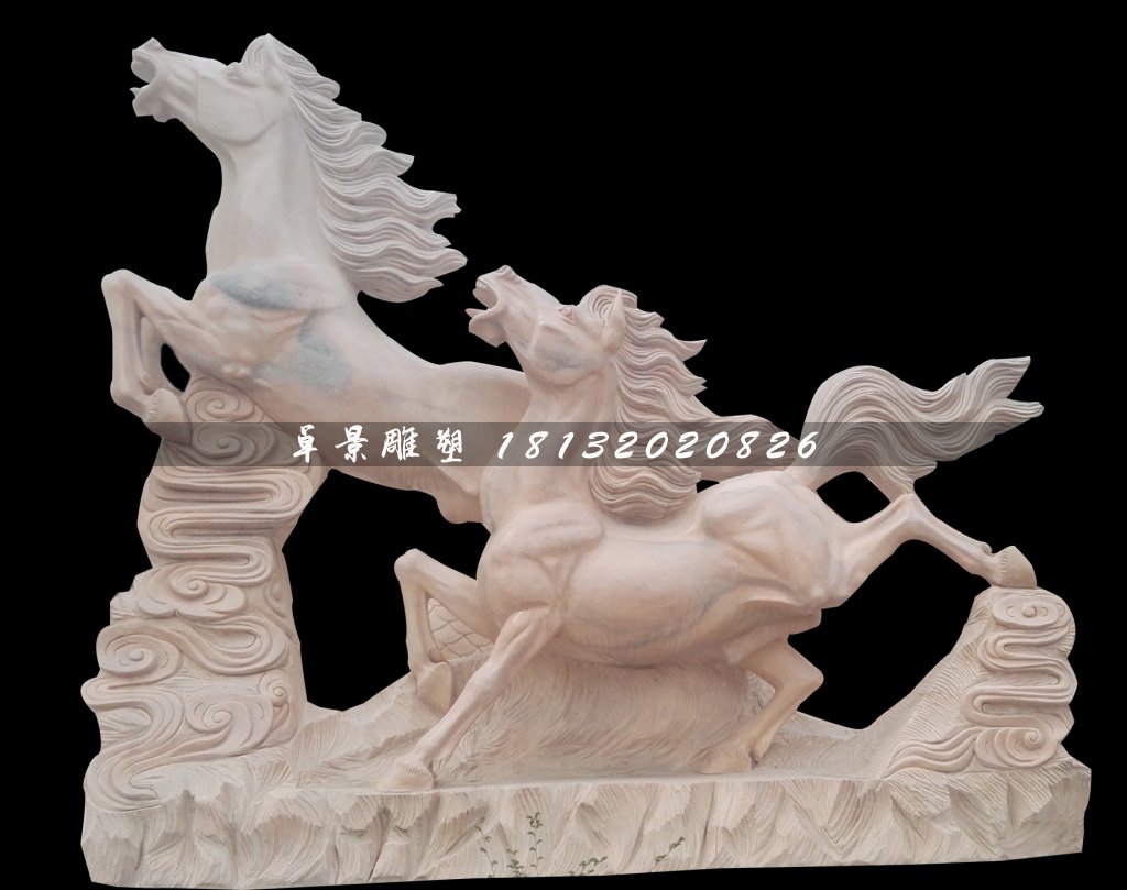 奔马石雕，晚霞红石雕马