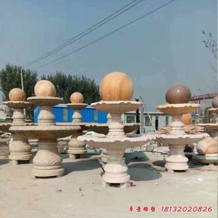 晚霞红风水球石雕多层风水球喷泉雕塑