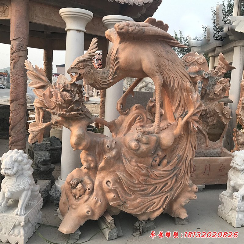 凤凰牡丹石雕，晚霞红景观石雕[1]