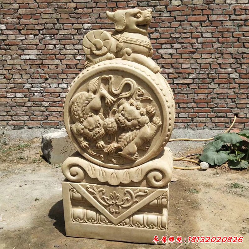 晚霞红狮子抱鼓 石雕庭院景观雕塑 (1)