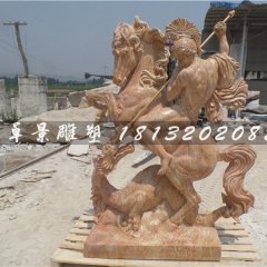 西方人物骑马石雕，晚霞红景观石雕