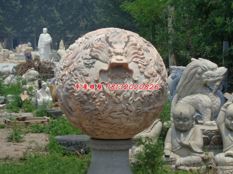 石雕球，晚霞红龙球雕塑