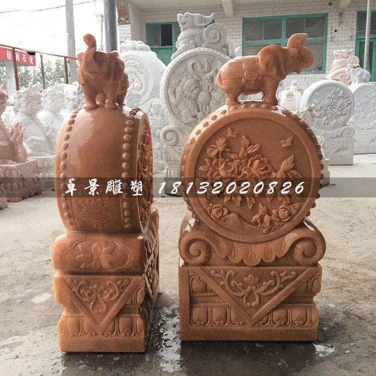 大象抱鼓石 晚霞红牡丹浮雕石门墩