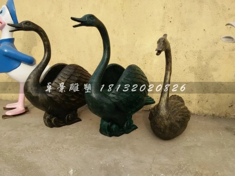 玻璃钢天鹅雕塑，仿铜天鹅雕塑