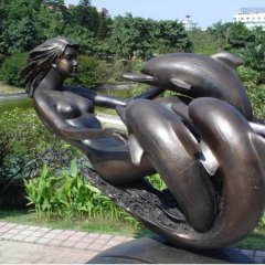 公园景观铜雕，美女与海豚铜雕