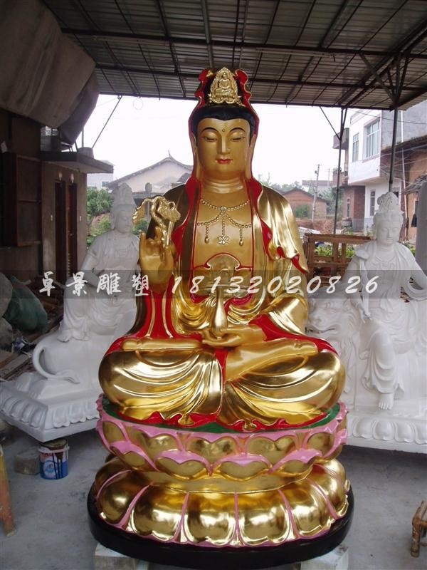 坐式观音雕塑，玻璃钢贴金彩绘观音