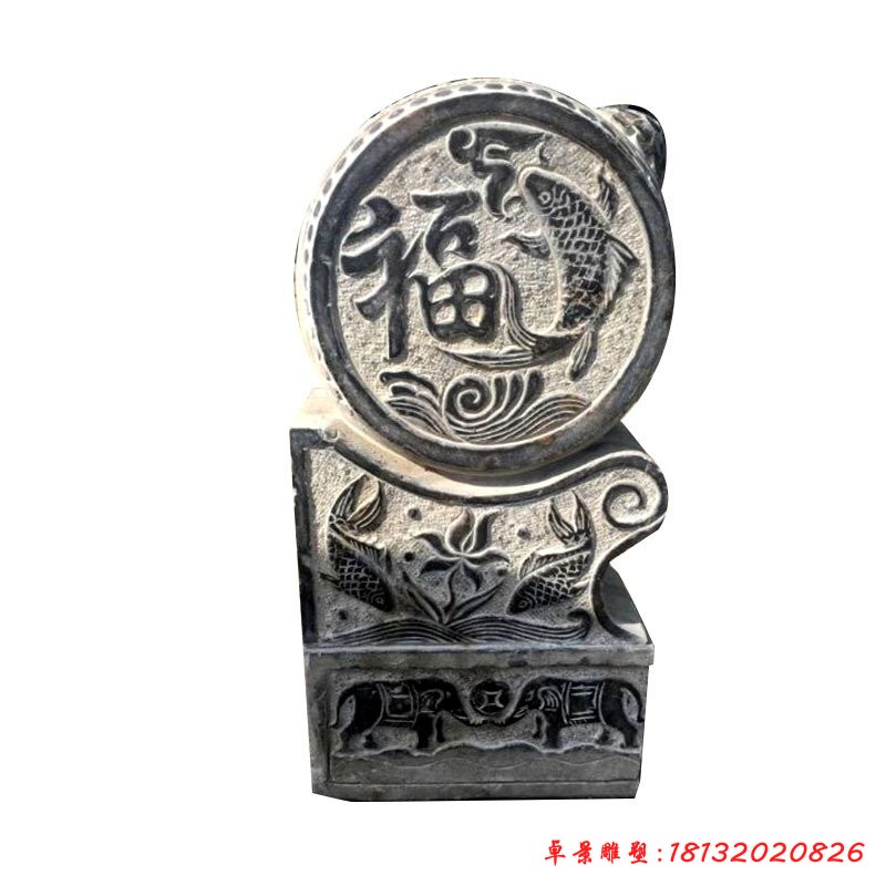 青石仿古福鱼浮雕门墩