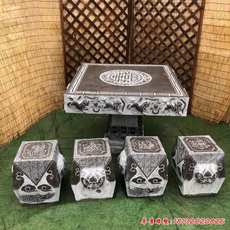 麒麟神兽浮雕石桌凳