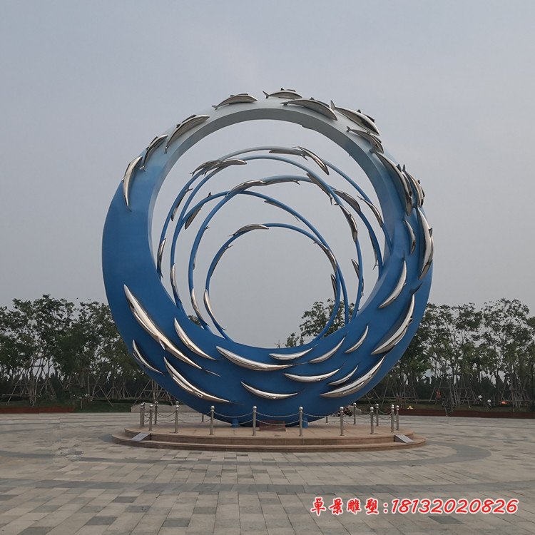 不锈钢抽象鱼群圆环雕塑