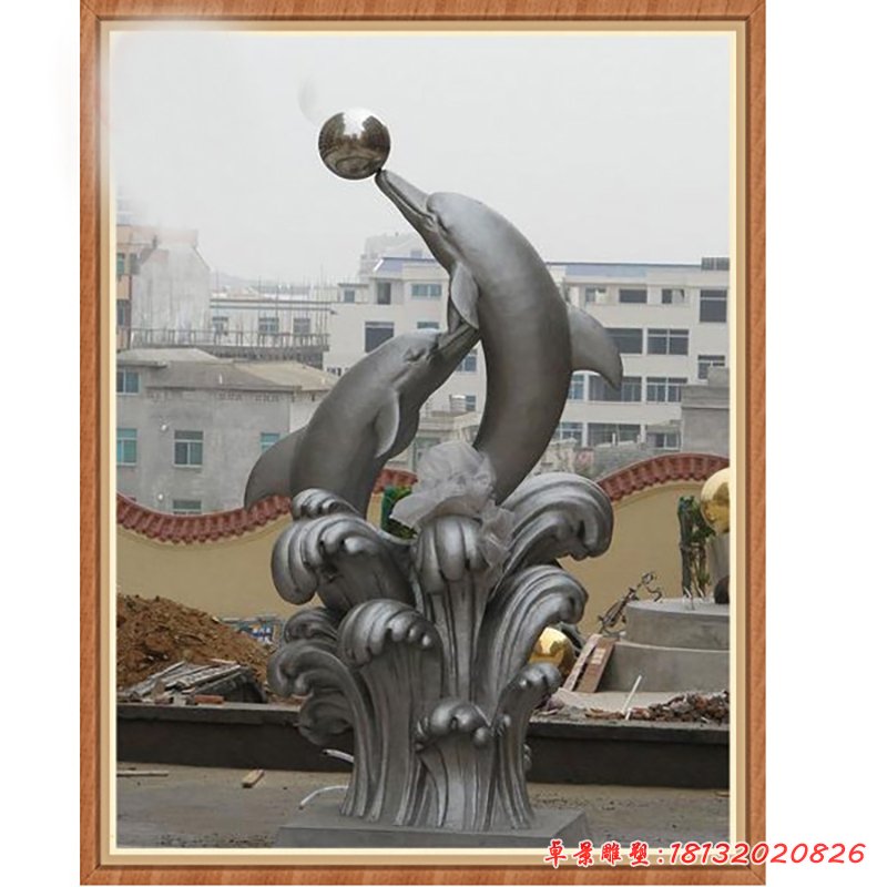 海豚顶球雕塑，公园不锈钢景观雕塑