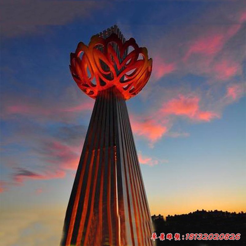 创意抽象红色镂空花朵公园景观，不锈钢雕塑 (2)